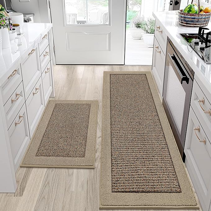 BEQHAUSE Kitchen Rugs and Mats Set of 2 Non-Slip Kitchen Mats for Floor, Absorbent and Stain Resistant Kitchen Runner, Machine Washable Rugs for Kitchen, Laundry & Sink, 24"x36"+24"x60", Taupe