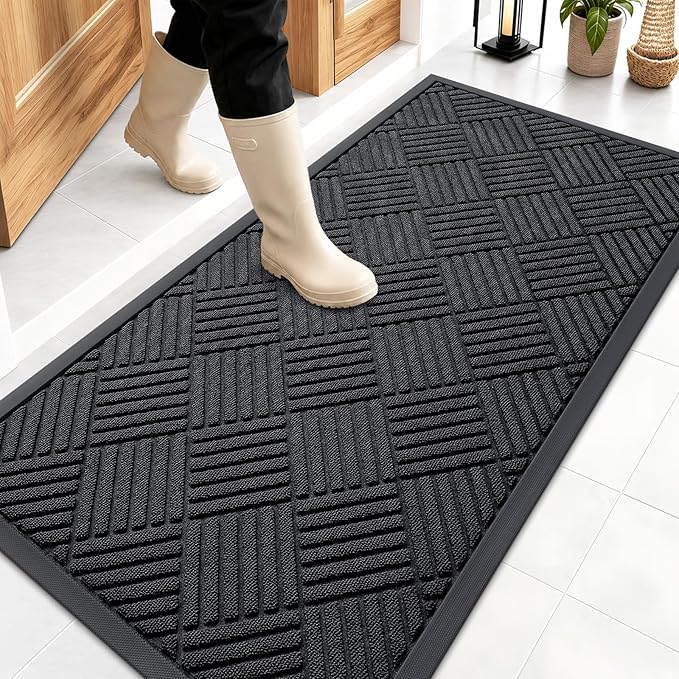 OLANLY Front Door Mat Outside Entrance 47x23, Absorbent, Heavy Duty Sturdy Natural Rubber Doormat Indoor Outdoor, Stain and Fade Resistant, Non-Slip Low Profile Floor Mat for Entryway, Black Diamond