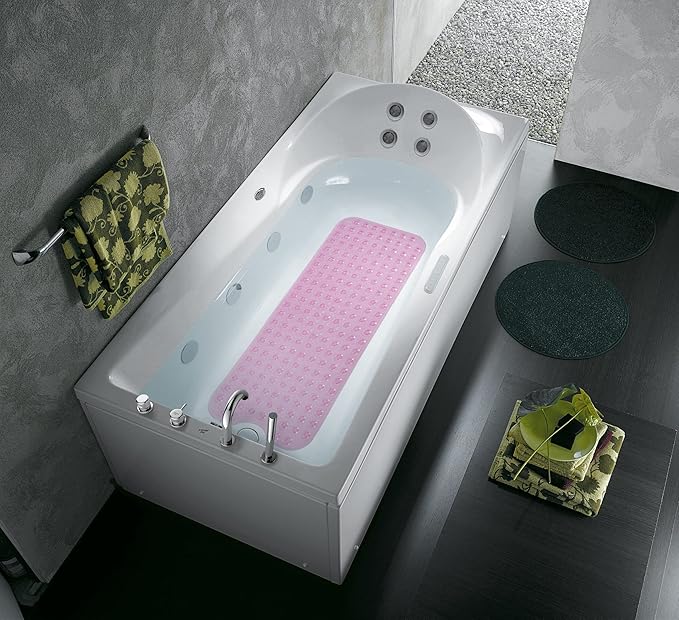 Bathtub and Shower Mats, Extra Long Non-Slip Bath Tub Mat 39 x 16 Inch, Machine Washable Bathmat with Suction Cups & Drain Holes for Bathroom Floor, Clear Pink