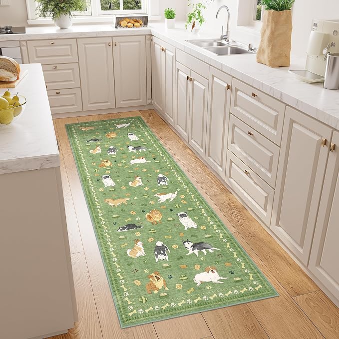 DUKINO 2x6 Washable Runner Rug for Hallway, Non Slip Animal Dog Kitchen Rug with Low Pile Design, Ultra Soft & Stain Resistant Indoor Carpert Runner for Entryway, Bedroom, Laundry, Bathroom, Green
