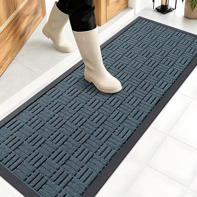 OLANLY Front Door Mat Outside Entrance 47x17, Absorbent, Heavy Duty Sturdy Natural Rubber Doormat Indoor Outdoor, Non-Slip, Stain and Fade Resistant, Low Profile Floor Mat for Entryway, Lake Blue
