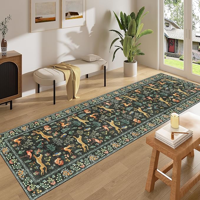 DUKINO Runner Rug, 2x8 Washable Kitchen Rugs for Hallways with Non Slip Backing, Soft Low Pile Vintage Animal Runner for Kitchen, Hallway, Entryway, Laundry, Bedroom, Black
