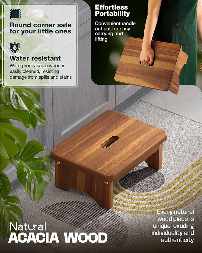 FANATU Wooden Step Stool, 6.5'' One Step Stool for Adults, Wooden Beside Step Support with 550 Lbs Load Capacity,Heavy Duty/Portable/Nonslip/Durable Construction Safe Step Platform for Bedroom/Kitchen
