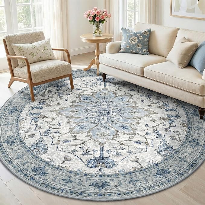 RELEANY Area Rugs Round 5ft Washable Non-Slip, Floral Vintage Distress Medallion Carpet for Living Room Bedroom Dining Room, Light Blue Navy Gray White