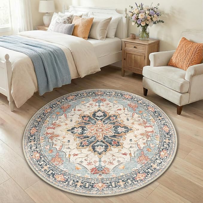 RELEANY Area Rugs Round 4ft Washable Non-Slip, Floral Vintage Distress Medallion Carpet for Living Room Bedroom Dining Room, Beige Navy Blue Orange Colorful