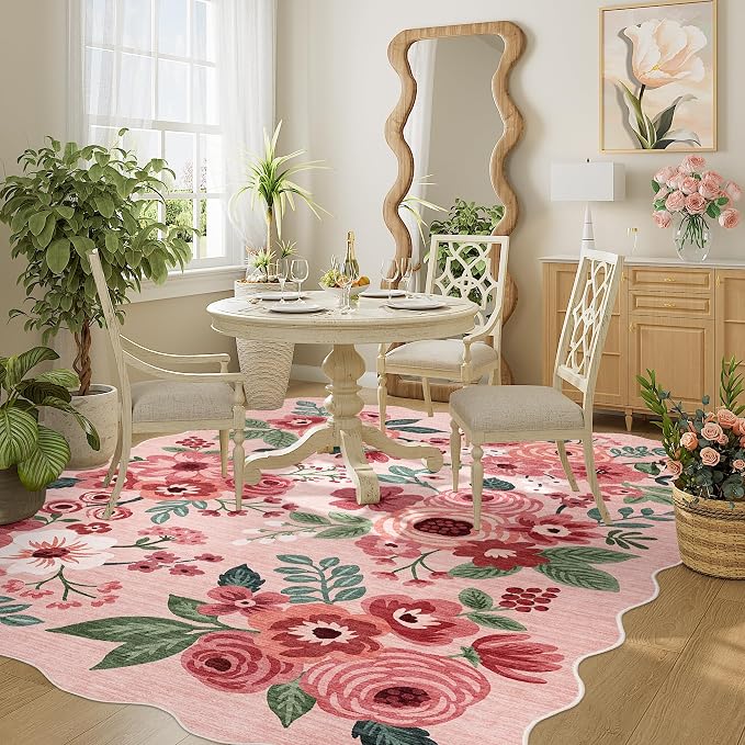 DUKINO 4x6 Area Rug, Floral Non-Slip Indoor Washable Rug with Low Pile & Non-Shedding, Lightwight Boho Design Carpet for Entryway, Bedroom, Kids Room, Living Room, Kitchen, Pink