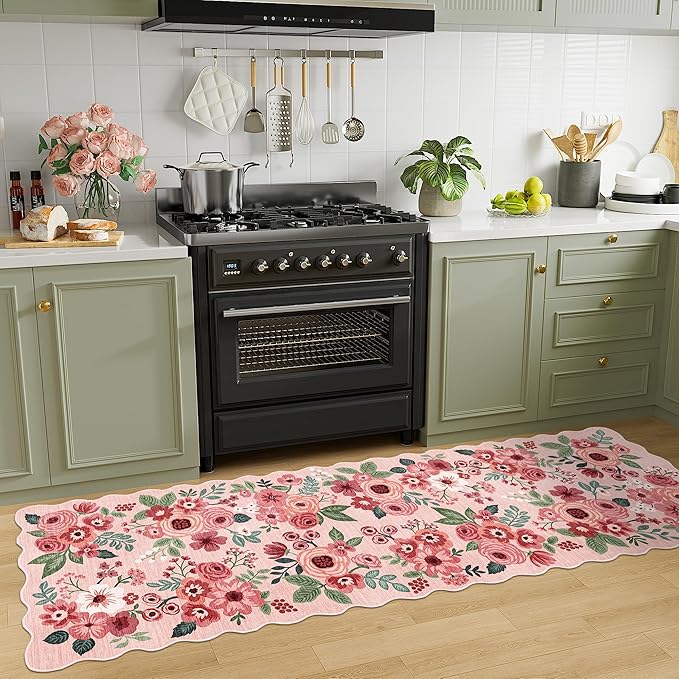 DUKINO 2x10 Runner Rug for Hallway, Washable Kitchen Rug with Non Slip Backing & Non-Shediing, Soft Low Pile Floral Design Runner for Bedroom, Kithchen, Living Room, Laundry, Bathroom, Pink