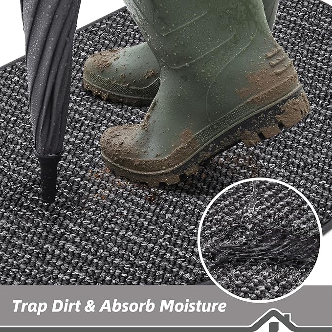 BEQHAUSE Dirt Trapper Door Mat 17" x 30" Half Circle Non-Slip Washable Doormats Entrance Rugs Absorbent Welcome Low Profile Floor Mats for Front Back Door and Entryway, Charcoal