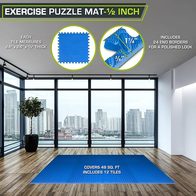 ProsourceFit Exercise Puzzle Mat ½-inch, EVA Interlocking Foam Floor Tiles for Home Gym, Workout Equipment, Kids Play Areas, Blue, 48 SQ FT - 12 Tiles