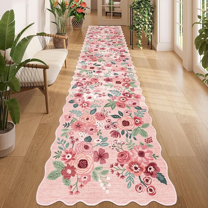 DUKINO Washable 2.6x12 Runner Rug for Hallway, Non Slip Floral Washable Kitchen Rug with Low Pile Design, Boho Stain Resistant Floor Carpet Runner for Entryway, Bathroom, Laundry, Bedroom, Pink