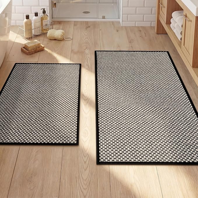 YIHOUSE Thin Bath Mat Black Bathroom Rugs Sets 2 Pieces, Non Slip Absorbent Mats Quick Dry, Woven Rugs Washable, Tapetes para Baño for Bathroom Toliet,Bathtub(17"x24"+17"x32")