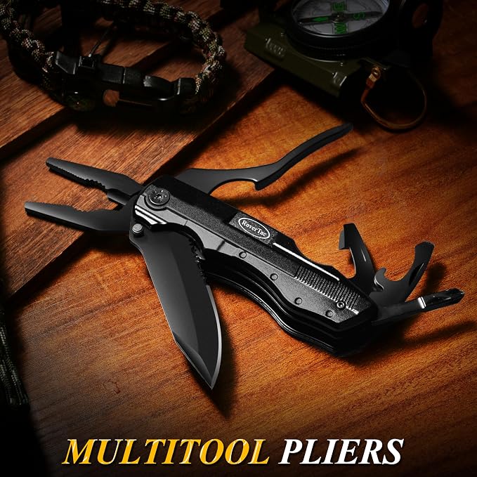 RoverTac Pocket Knife, 15-in-1 Multitool with Pliers, Bottle & Can Opener, 9 Screwdriver Bits, Locking Mechanism & Nylon Sheath - EDC Multi Tool for Camping, Hiking & DIY, Gift for Men & Dad