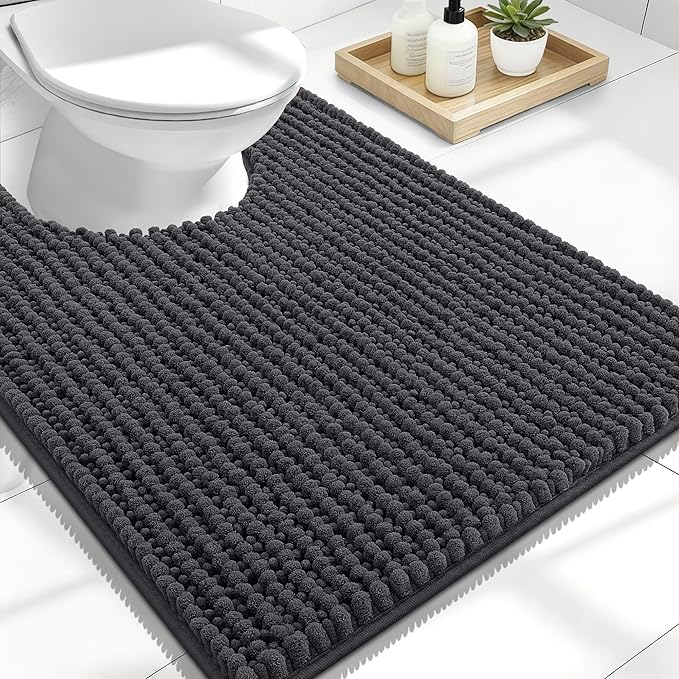 OLANLY Thick Toilet Rugs U-Shaped 24x20, Extra Soft Absorbent Shaggy Chenille Contour Bathroom Rugs for Toilet, Dry Quickly, Machine Washable, Non-Slip Bath Mat, Dark Grey