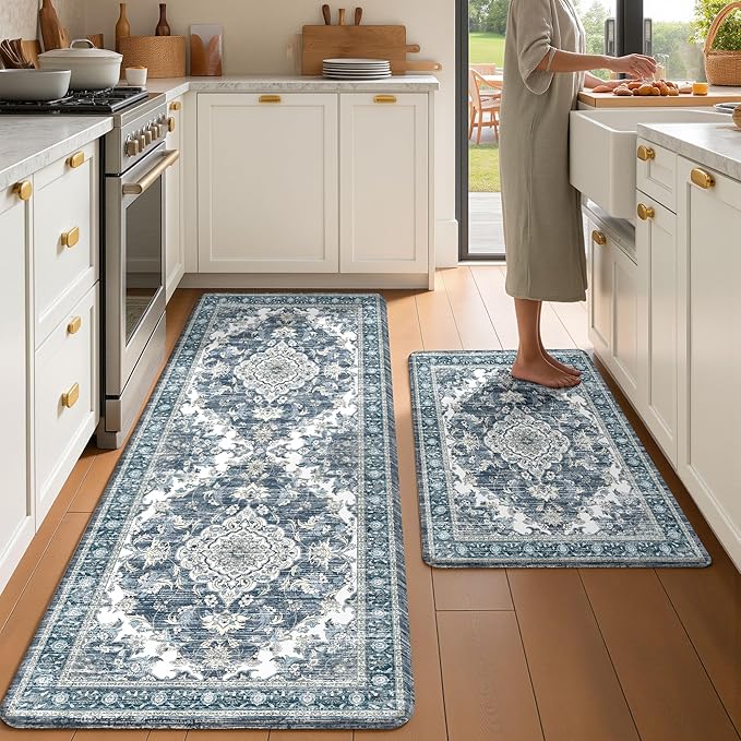 Boho Kitchen Mats for Floor 2 Piece Set Anti Fatigue Cushioned PVC Kitchen Rugs Non Slip Waterproof Farmhouse Mats 2/5 Inch Comfort Standing Mat for Sink, Laundry, 23.6"x39"+23.6"x59",D5