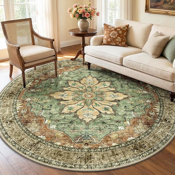 RELEANY Area Rugs Round 6ft Washable Non-Slip, Floral Vintage Distress Medallion Carpet for Living Room Bedroom Dining Room, Terracotta Burnt Orange Green