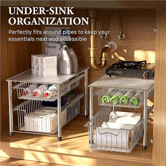 Simple Houseware Stackable 2 Tier Sliding Basket Organizer Drawer, Chrome