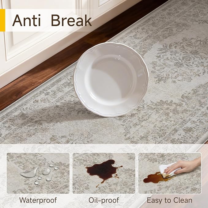 PureCozy Kitchen Mats 2PCS Anti Fatigue Cushioned Mat Beige Vintage Kitchen Mats for Floor Waterproof Non Slip Comfort Standing Medallion Floral Rug for Sink Laundry Office 17.3"x59"+17.3"x30"