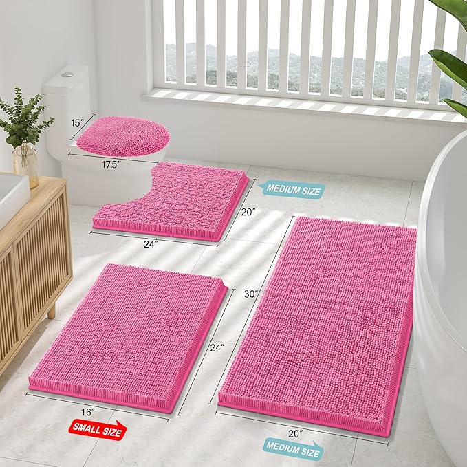Smiry Luxury Chenille Bathroom Rugs 44x24, Extra Soft and Absorbent Shaggy Bath Mat, Machine Washable, Non-Slip Plush Carpet Runner for Tub, Shower, and Floor, Home Decor Accessories, Hot Pink