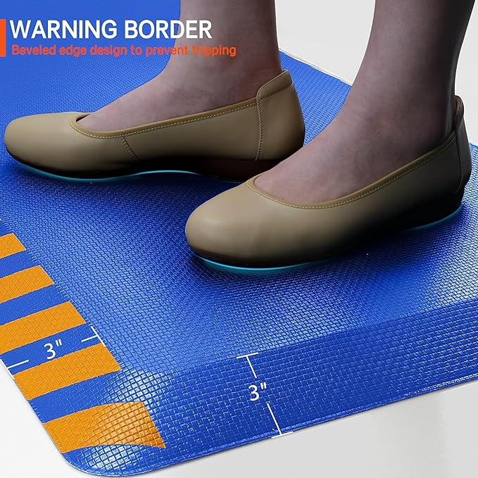 FEATOL Anti Fatigue Mat Industrial, Ergonomic Standing Floor Mat for Work for Stand, Safety Support for Leg & Back Pain(Blue with Yellow Border, 17" x 24", 2PC)