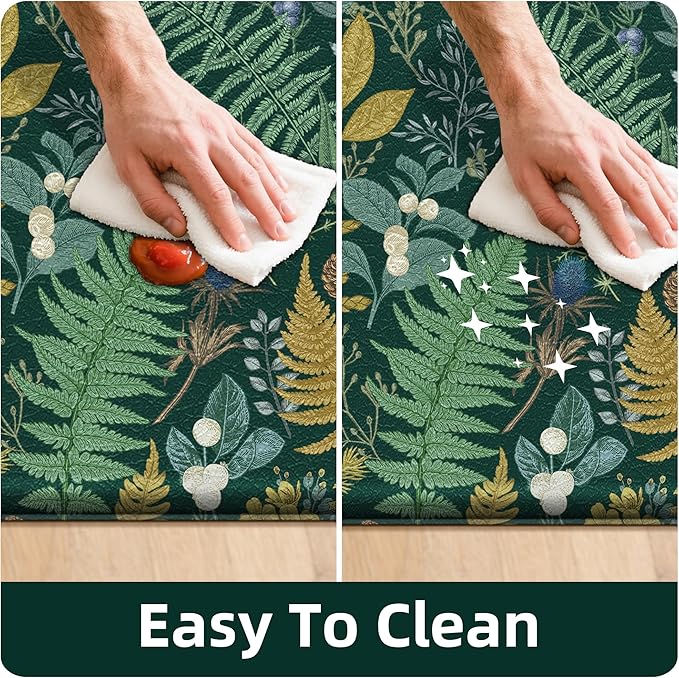 Dark Green Botanical Kitchen Rugs Set of 2 Plant Leaf Anti-Fatigue Kitchen Mat Natural Comfort Standing Waterproof PVC Mats 2/5" Thick Leather Carpet for Laundry Office Sink(17.3" x28" + 17.3" x 47")