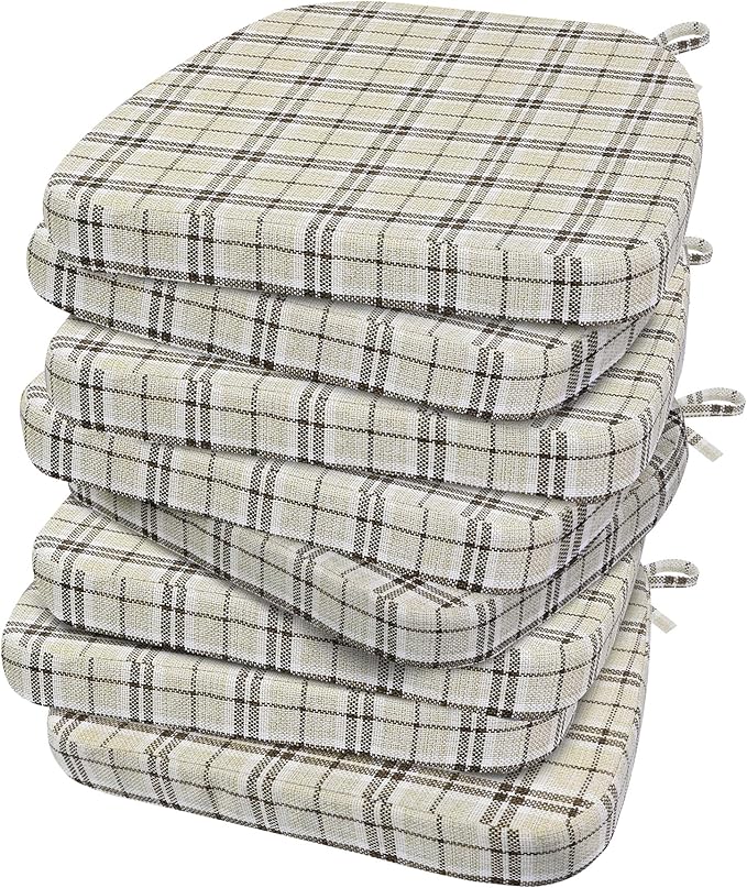 AAAAAcessories D-Shaped Chair Cushions, 2" Thick Dining Chair Pads with Ties and Removable, Machine-Washable Cover, 17" x 16", Set of 8, Tan Plaid