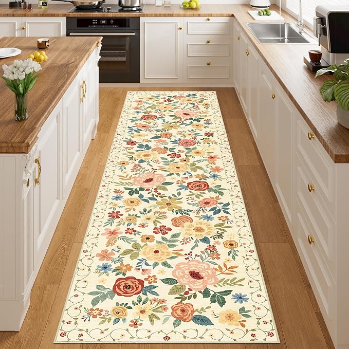 DUKINO Runner Rug for Hallway, 2.6x10 Washable Floral Long Kitchen Rug with Non Slip Backing, Lightweight & Stain Resistant Runners for Indoor Entrance, Laundry, Living Room, Bedroom, Beige Yellow