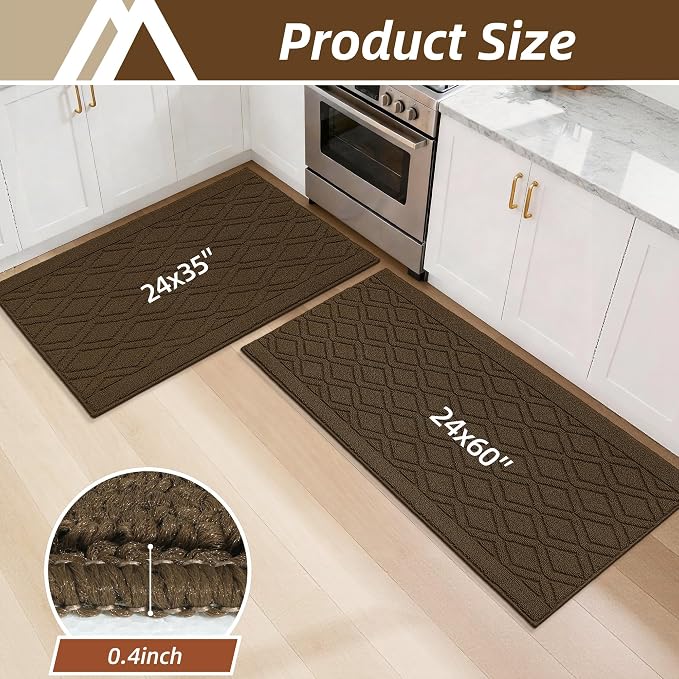 COSY HOMEER 60x24Inch/35X24Inch Kitchen Rugs Sets Non-Slip Washable Kitchen Mats for Floor Polypropylene Absorbent Kitchen Runner for Kitchen Sink Hallway Entryway(Brown)