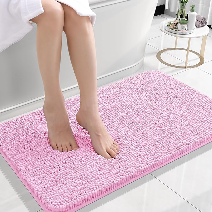 OLANLY Small Bathroom Rugs 24x16, Extra Soft Absorbent Chenille Bath Rugs, Rubber Backing Quick Dry, Machine Washable Bath Mats for Bathroom Floor, Tub and Shower, Home Decor Accessories, Pink