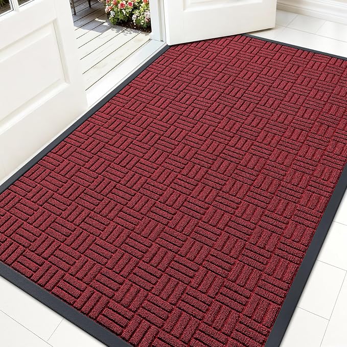 OLANLY Front Door Mat Outside Entrance 59x34, Absorbent, Heavy Duty Sturdy Natural Rubber Doormat Indoor Outdoor, Non-Slip, Stain and Fade Resistant, Low Profile Floor Mat for Entryway, Black Red