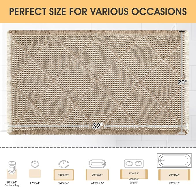 Waffle Bath Mat, Boho Woven Modern Bath Rug Absorbent Non Slip, Ultra Soft Bathroom Mats, Machine Washable Knit Bath Rugs with Rhombus for Bathroom, Bedroom, Kitchen, Shower, 32"x20", Beige & White