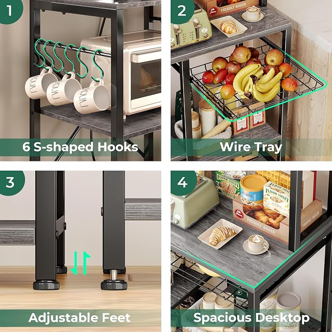 SUPERJARE Bakers Rack with Power Outlet, 47.2 Inches Coffee Bar with 3 Level-Adjustable Open Shelves, Wire Basket, Kitchen Microwave Stand with 6 S-Shaped Hooks, Grey