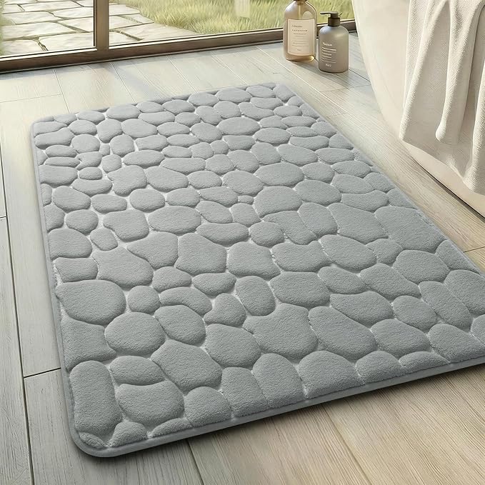 YIHOUSE Memory Foam Bath Mat Cobblestone Bathroom Rugs Super Water Absorbent Bath Mats for Bathroom Machine Washable Bath Rugs(17x24,Light Gray)