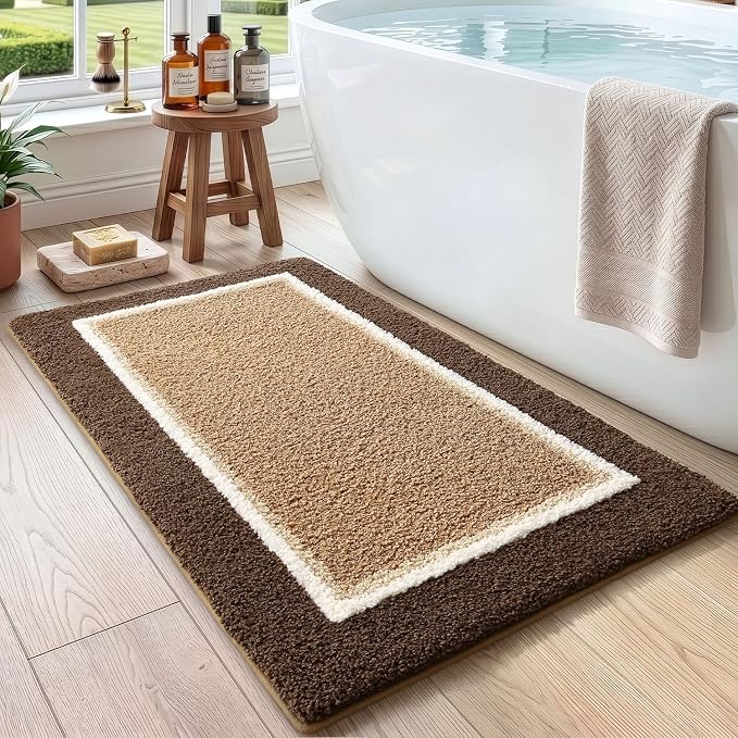 DEXI Bathroom Rugs 43x24, Absorbent Extra Soft Plush Microfiber Bath Mat for Bathroom, Non Slip Washable Bathmat Quick Dry for Shower Floor, Sink, Tub, Laundry Room, Brown and Dark Beige