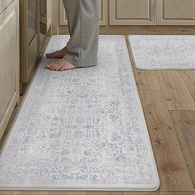 PureCozy Kitchen Mats 2PCS Anti Fatigue Cushioned Mat Light Blue Vintage Kitchen Mats for Floor Waterproof Non Slip Comfort Standing Retro Floral Rug for Sink Laundry Office 17.3"x47"+17.3"x30"