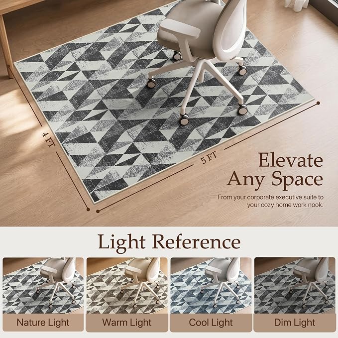48"x60" Office Chair Mat for Hardwood Tile Floor, Under Desk Carpet Protector for Rolling Computer Chair Mat, Machine Washable Area Rug, Anti-Slip 1/5" Thick Low Pile Thin Floor Mat, Brushed Quartz