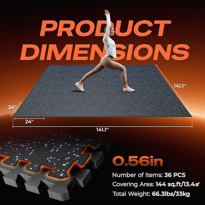 SUPERJARE 0.56'' Thick 36 Pcs 144 Sq Ft Rubber Top Exercise Equipment Mats, High Density EVA Foam Mats with Rubber Top, Interlocking Gym Flooring for Home Gym, Protective Workout Mat, Black/Blue