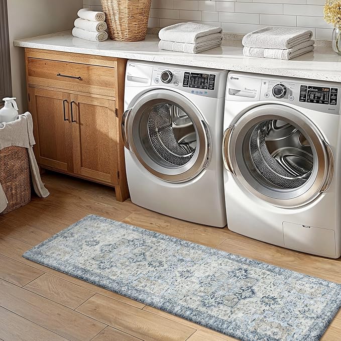 GENIMO Kitchen Mats for Floor 2PCs, Washable Anti Fatigue Mat for Cushioned, 17.3"x59"+17.3"x30", Waterproof Kitchen Rugs, Non Slip Foam Standing Mat Rug for Home, Sink, Office, Laundry, Light Blue