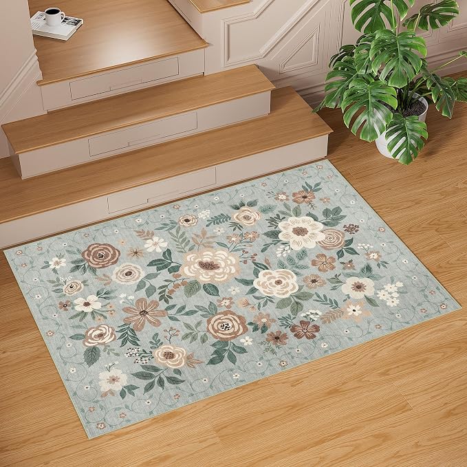 DUKINO 2x3 Rugs for Entryway, Floral Indoor Washable Door Mat, Non Slip Boho Small Rug for Kitchen, Soft Low Pile, Front Door Throw Rug for Entrance, Bedroom, Kitchen, Laundry, Bathroom, Sage Green