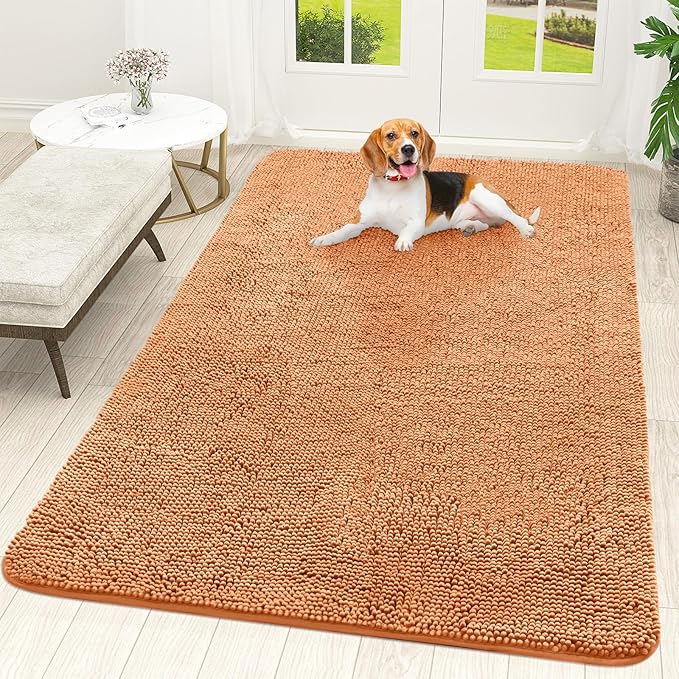 OLANLY Dog Door Mat for Muddy Paws 70x46, Absorbs Moisture and Dirt, Absorbent Non-Slip Washable Doormat, Quick Dry Chenille Mud Mat for Dogs, Entry Indoor Entryway Carpet for Inside Floor, Orange