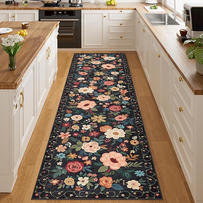 DUKINO Runner Rug for Hallway, 2.6x10 Washable Floral Long Kitchen Rug with Non Slip Backing, Boho Lightweight & Stain Resistant Soft Runners for Indoor Entrance, Laundry, Living Room, Bedroom, Black