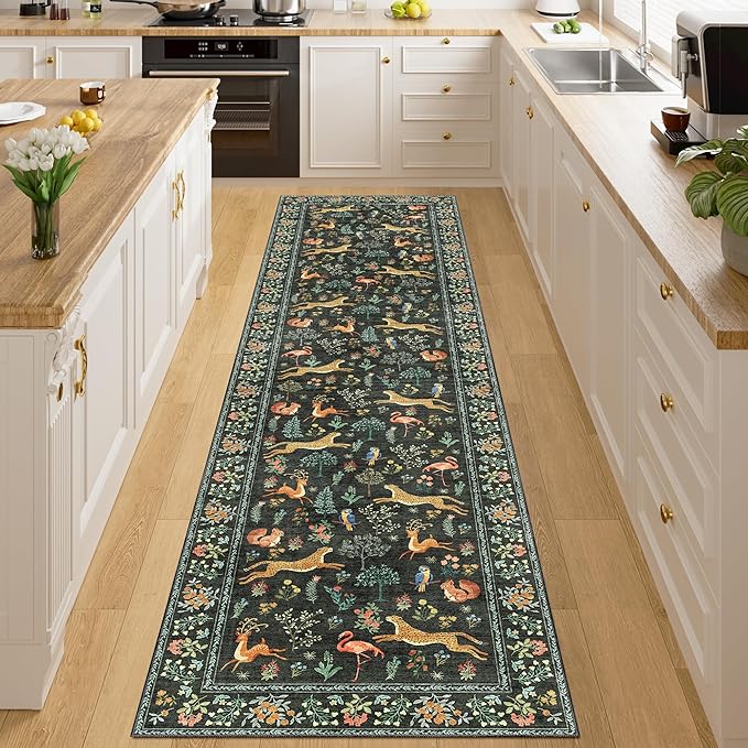 DUKINO Runner Rug, 2x8 Washable Kitchen Rugs for Hallways with Non Slip Backing, Soft Low Pile Vintage Animal Runner for Kitchen, Hallway, Entryway, Laundry, Bedroom, Black