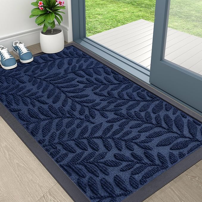 OLANLY Door Mat Indoor Outdoor Entrance, 29.5x17, Waterproof All-Weather All-Season Doormat, Sturdy Natural Rubber, Stain and Fade Resistant, Low Profile, Easy Clean Patio Entryway Mat, Navy Blue