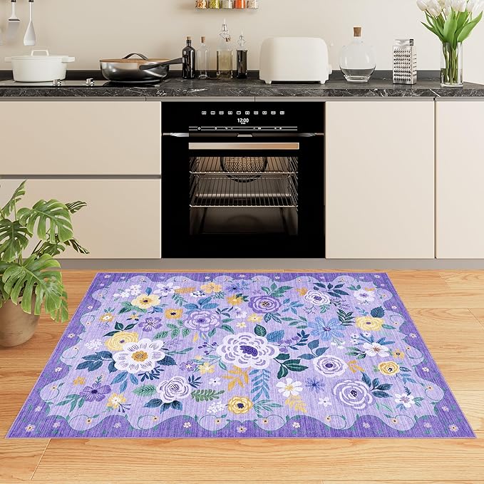 DUKINO 2x3 Rugs for Entryway, Floral Indoor Washable Door Mat, Non Slip Boho Small Rug for Kitchen, Soft Low Pile Front Door Throw Rug for Entrance, Bedroom, Kitchen, Laundry, Bathroom, Purple
