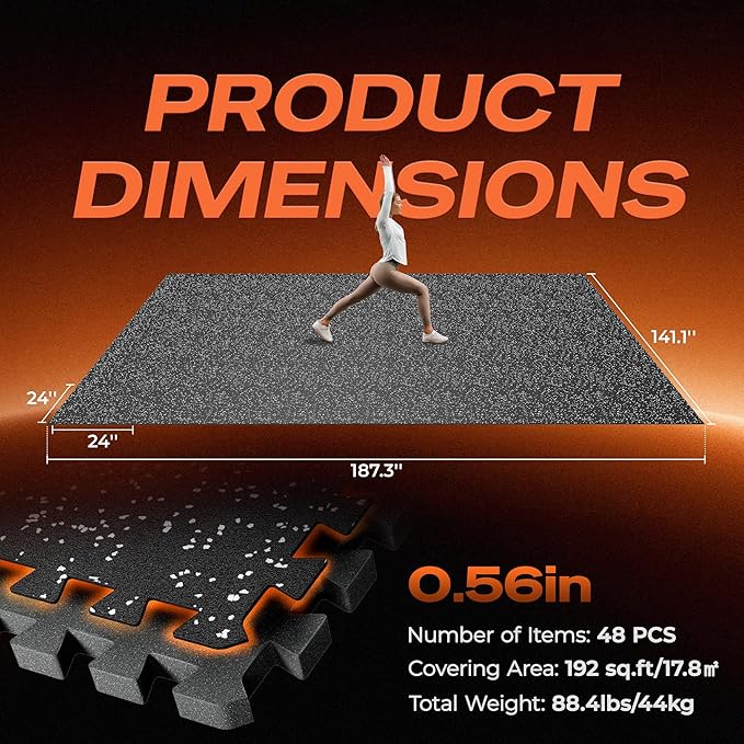 SUPERJARE 0.56'' Thick 48 Pcs 192 Sq Ft Rubber Top Exercise Equipment Mats, High Density EVA Foam Mats with Rubber Top, Interlocking Gym Flooring for Home Gym, Protective Workout Mat, Black/Grey