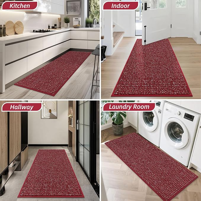 BEQHAUSE Dirt Trapper Door Mat 20" x 48", Non-Slip Washable Doormats Entrance Mat, Dirt Resistant and Absorbent Welcome Mat, Low Profile Floor Mats for Front Back Door and Entryway, Red