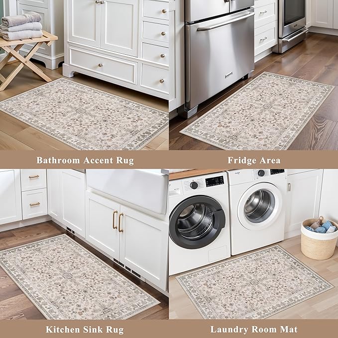 Kitchen Rugs Non-Slip Washable 2 Piece, Modern Boho Low Pile Stain-Resistant Floor Mats Set for Hardwood Floors, Soft Small Decorative Rugs (Beige, 2x3+2x4)