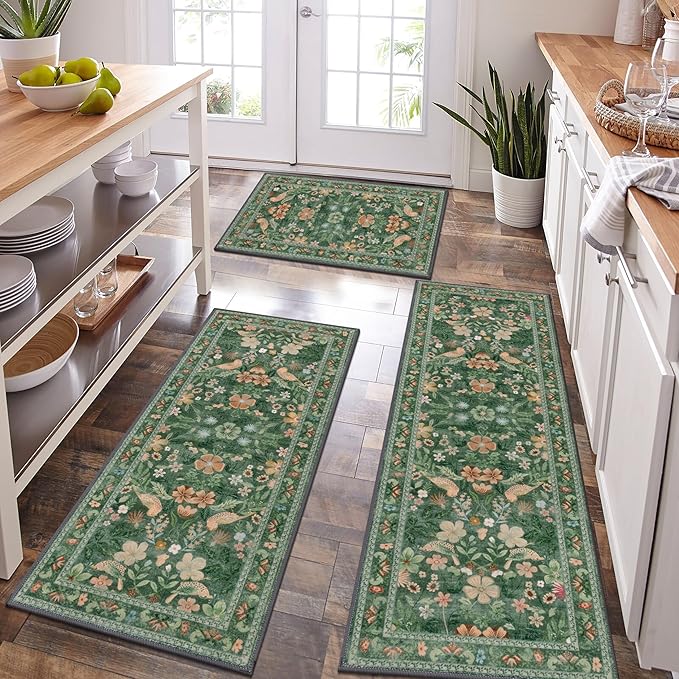 HEBE Boho Kitchen Rugs Sets of 3, Non Slip Washable Kitchen Mats for Floor, Farmhouse Kitchen Carpet Runner Rug Set for Sink, Stove, Laundry Room & Hallway