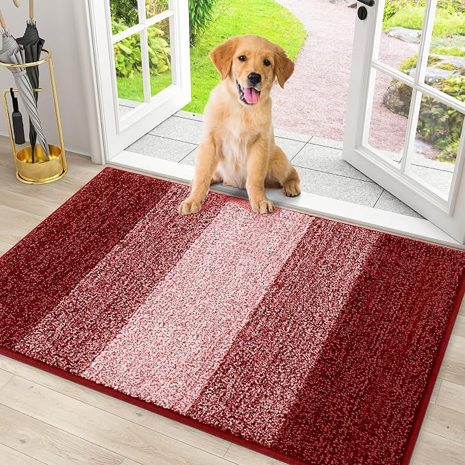 Smiry Dog Door Mat for Muddy Paws, Absorbs Moisture and Dirt, Low-Profile Entryway Mat with Non-Slip Backing, Entry Indoor Outdoor Doormat for Inside Floor (30x20 Inches, Burgundy, Striped)