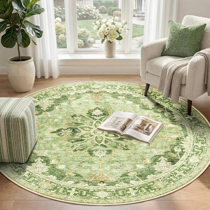 RELEANY Area Rugs Round 4ft Washable Non-Slip, Floral Vintage Distress Medallion Carpet for Living Room Bedroom Dining Room, Sage Green Yellow
