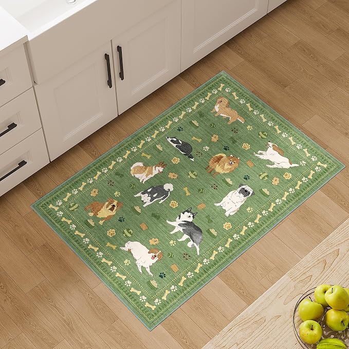 DUKINO 2x3 Entryway Rug, Washable Small Door Mat Indoor Entance Lightweight Area Rug with Non Slip, Low Pile & Non Shedding Animal Dog Throw Carpet for Kitchen, Bathroom, Bedroom, Kids Room, Green